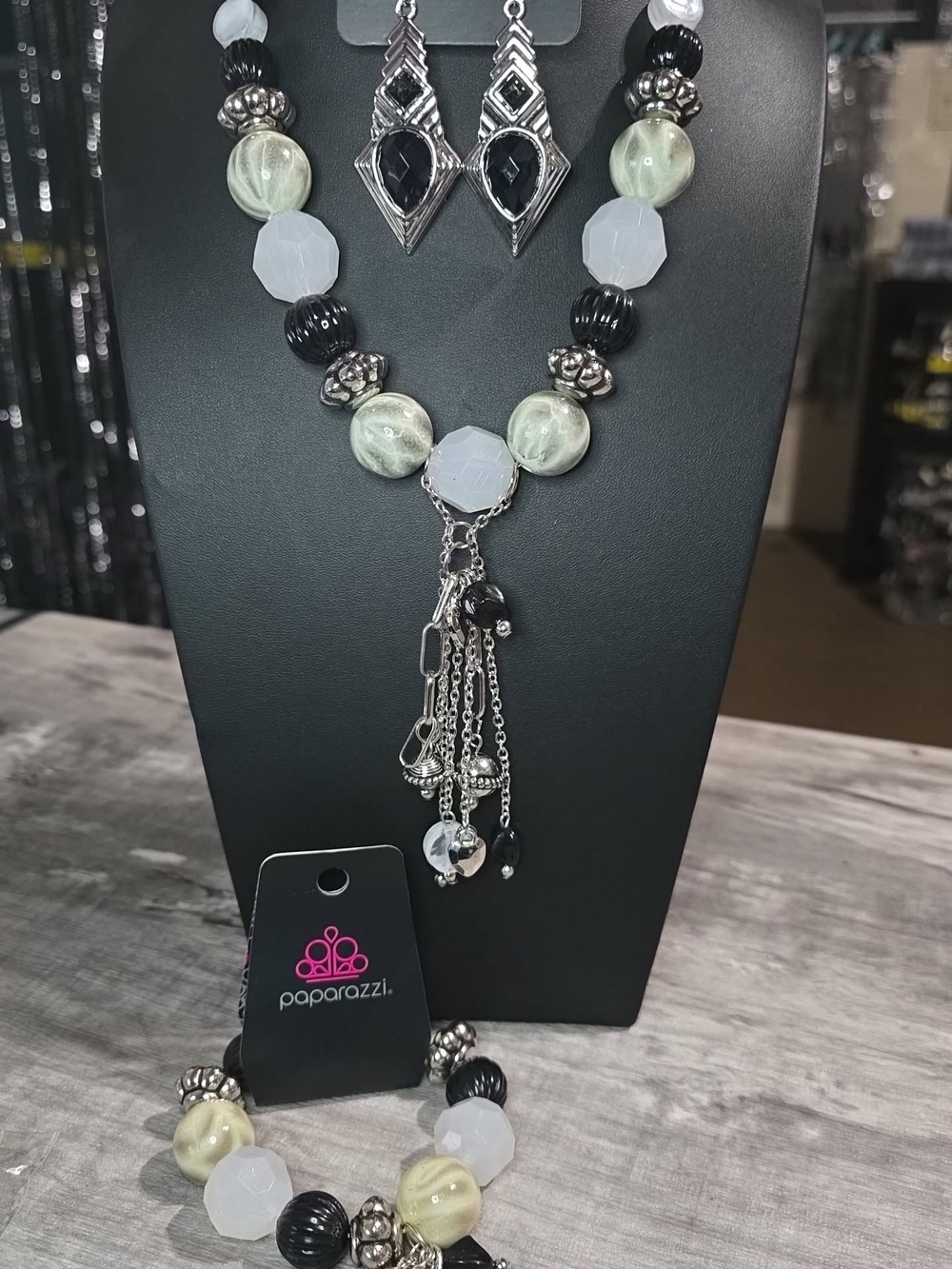 paparazzi Black, White and Pale Green Beaded Necklace with Tassel
